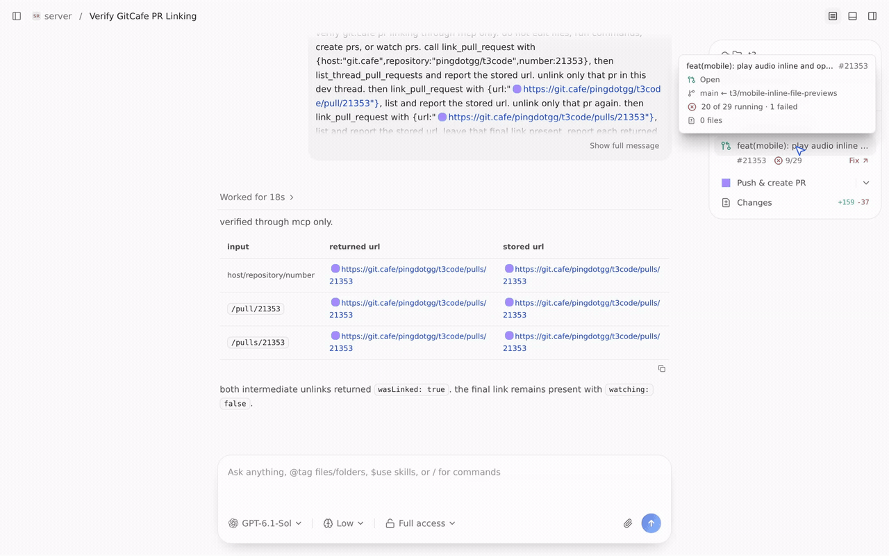 clicking linked git.cafe pr #21353 opens t3's pr panel