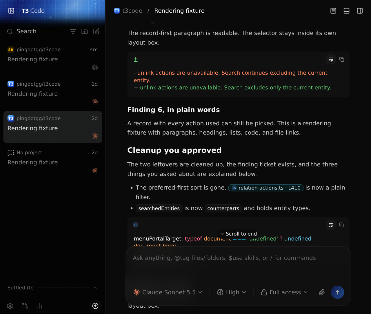 Seeded long Markdown at 895 by 759 in dark mode
