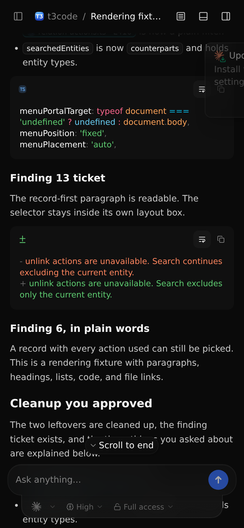 Seeded long Markdown at 390 by 844 in dark mode