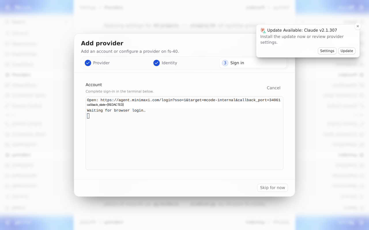 MiniMax Code sign-in opens the Mainland host; callback state redacted
