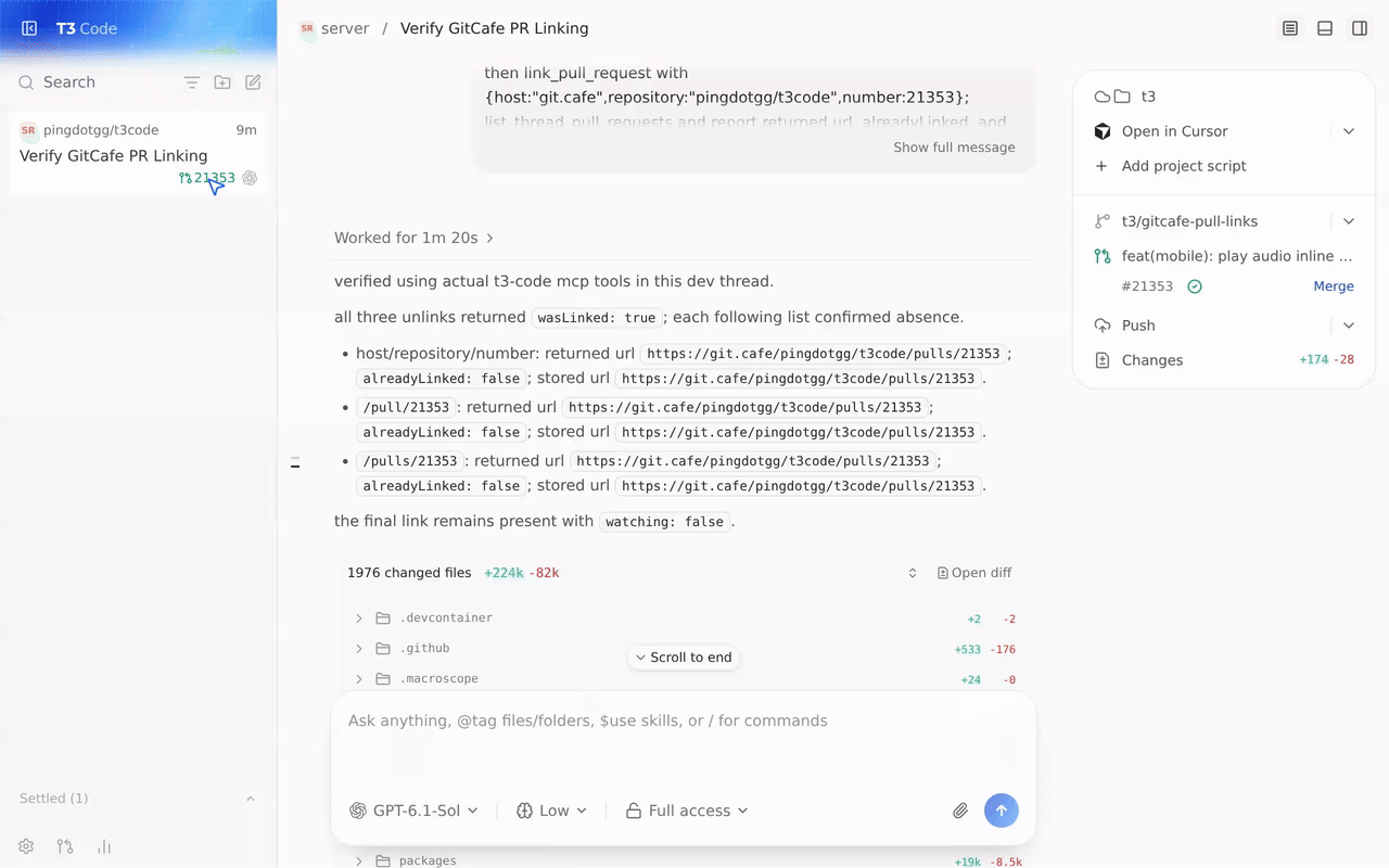 clicking the thread sidebar git.cafe PR badge opens its loaded panel