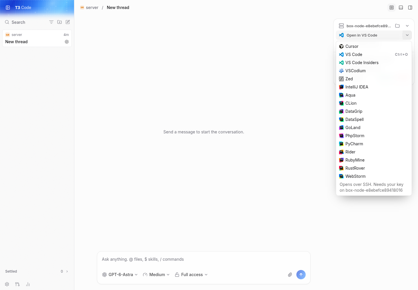 after: remote browser offers supported editors with VS Code selected