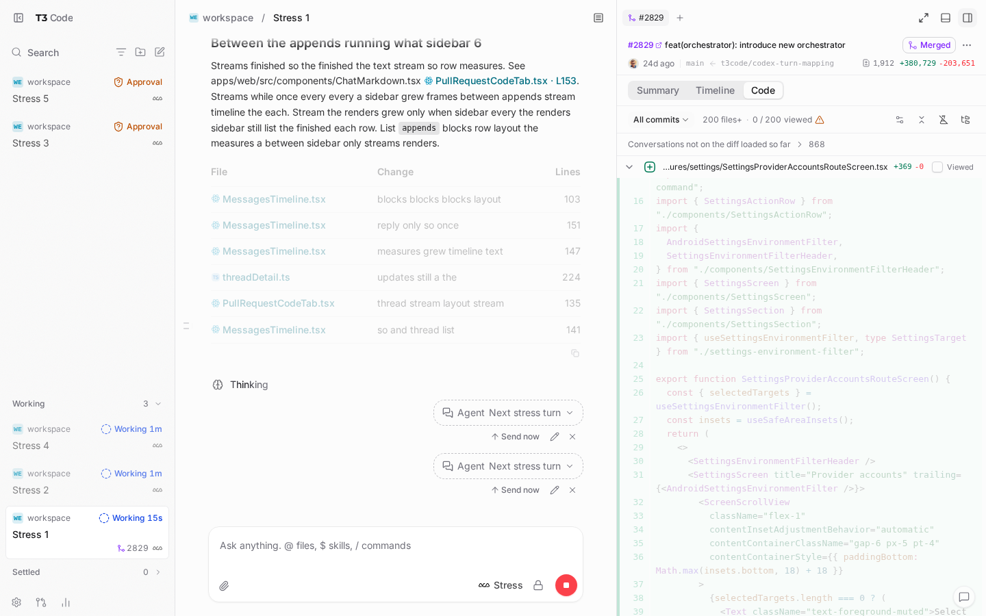 Five threads streaming while the t3code#2829 code tab is open beside thread 1