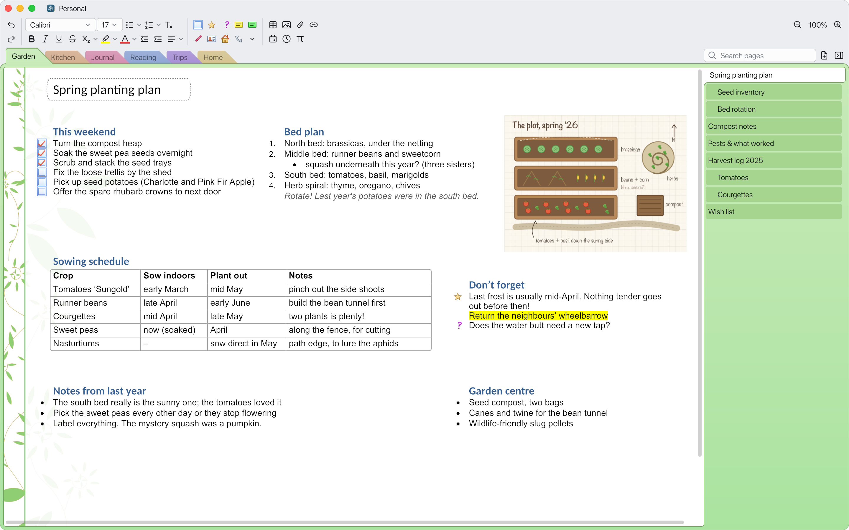 Snowbound showing a garden notebook page with a to-do list, a table and a sketch on OneNote's Ivy background