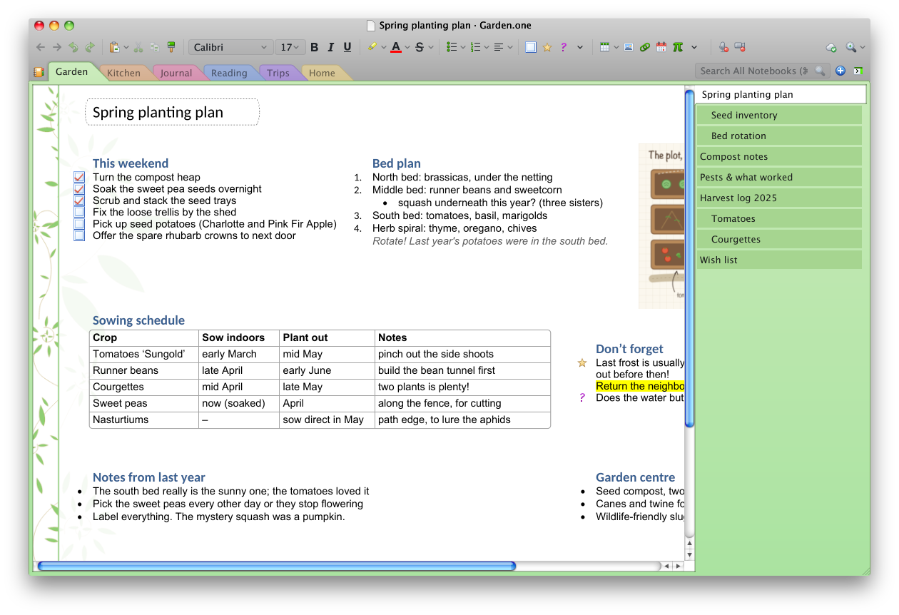 Snowbound showing a garden notebook page with a to-do list, a table and a sketch on OneNote's Ivy background