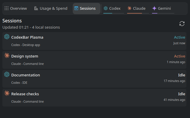 Active and idle local agent sessions
