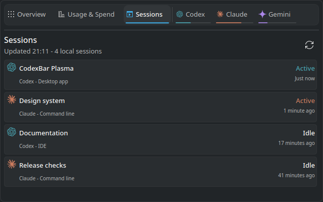 Active and idle local agent sessions