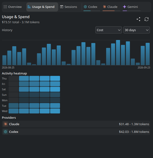 Thirty days of spending and activity across providers