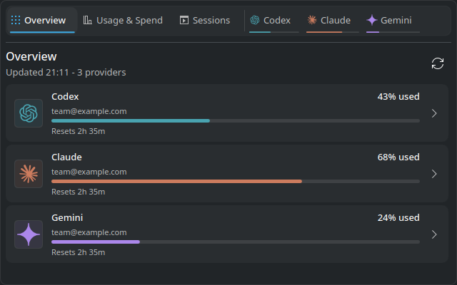 Overview with Codex, Claude, and Gemini usage