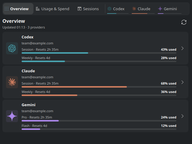 Overview with Codex, Claude, and Gemini usage