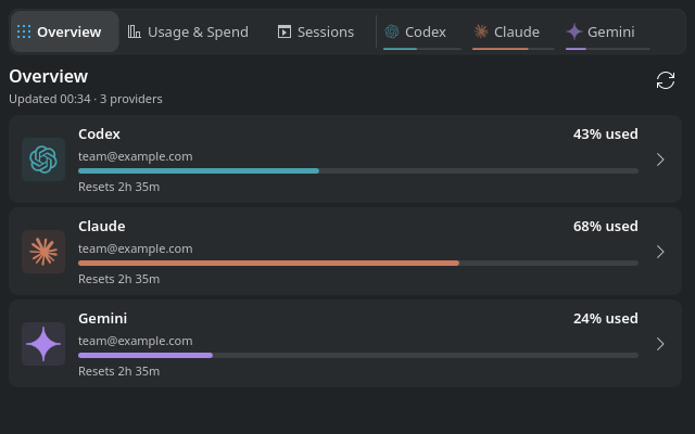 Overview with Codex, Claude, and Gemini usage