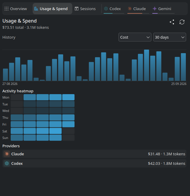 Thirty days of spending and activity across providers