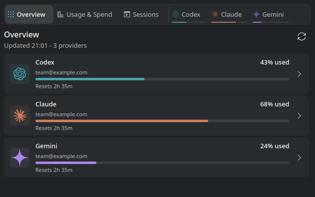 Overview with Codex, Claude, and Gemini usage