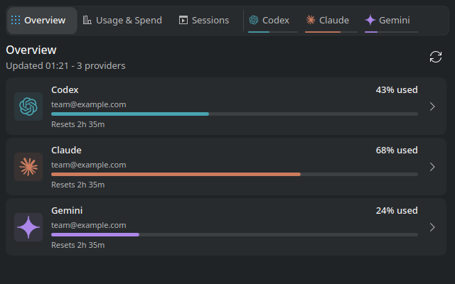Overview with Codex, Claude, and Gemini usage