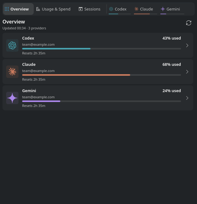 Overview, Usage and Spend, Sessions, and a provider detail tab in the CodexBar popup