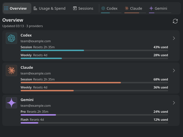 Overview with Codex, Claude, and Gemini usage