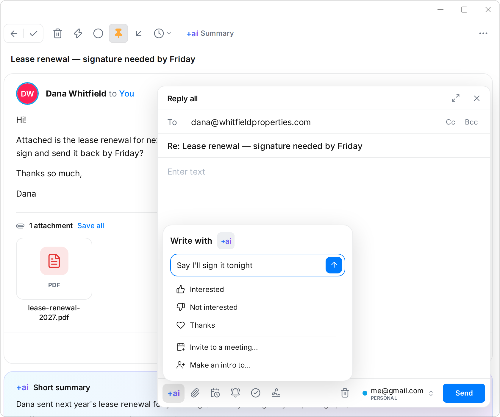 The +AI menu in a reply: an instruction, quick replies and templates