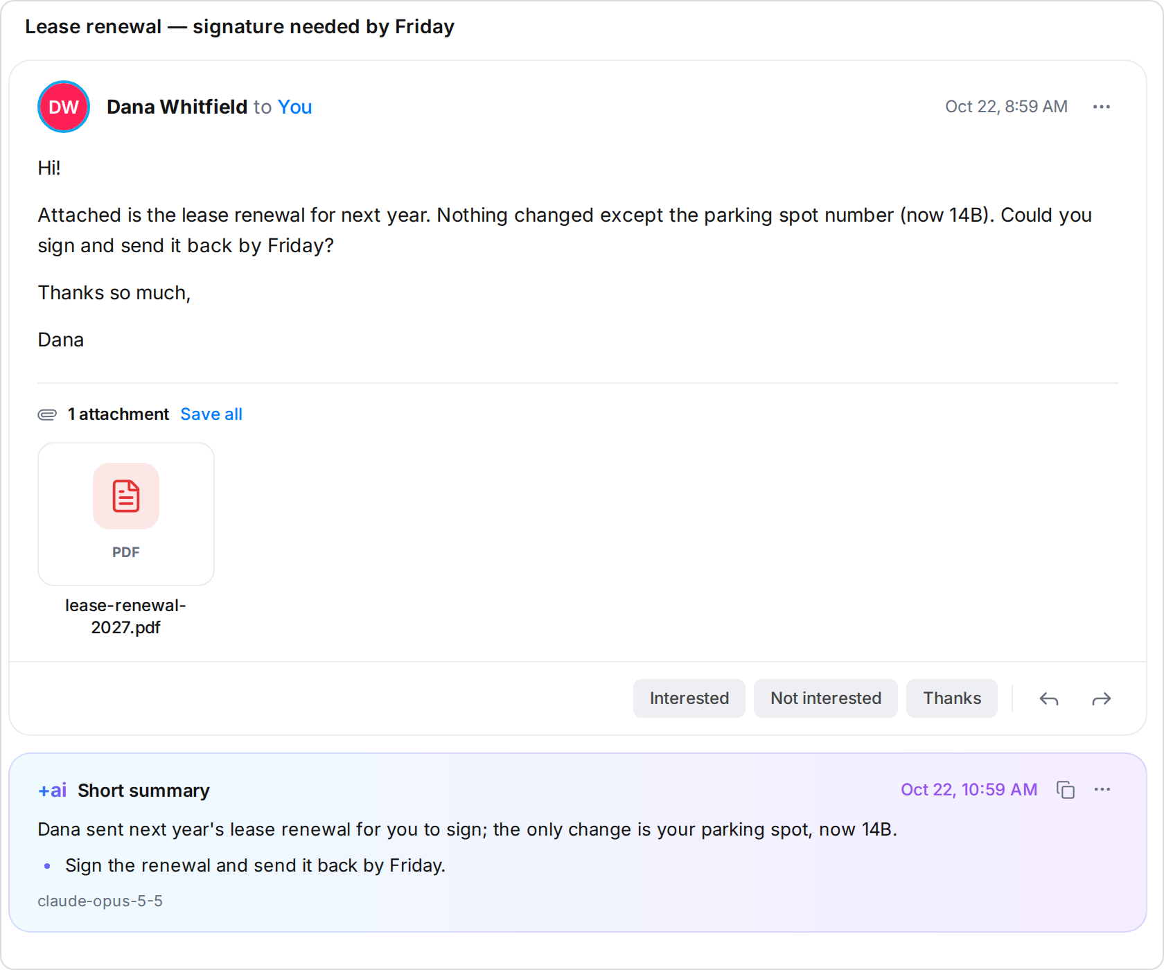 A short +AI summary under an email about a lease renewal