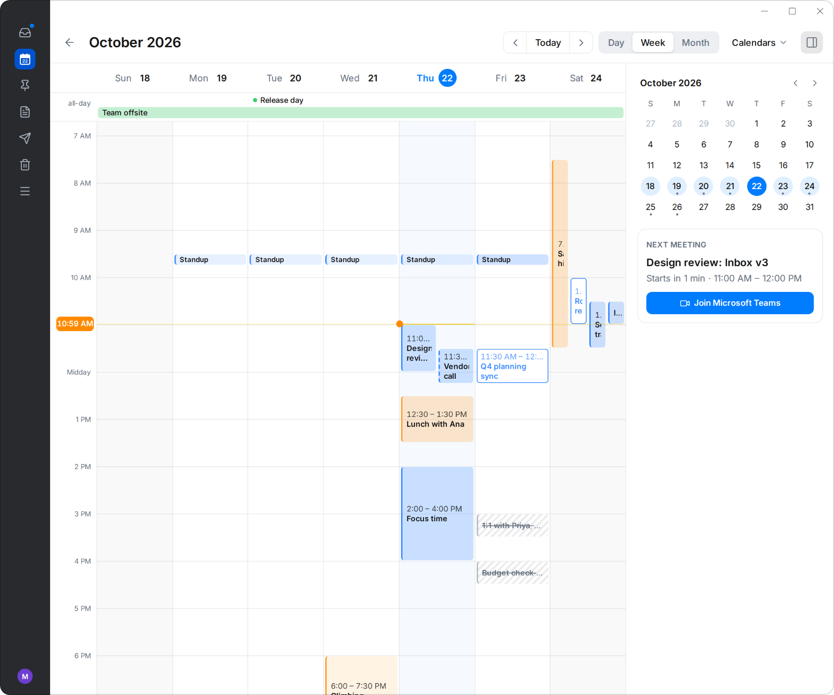 The calendar's week view with the next meeting in the side panel