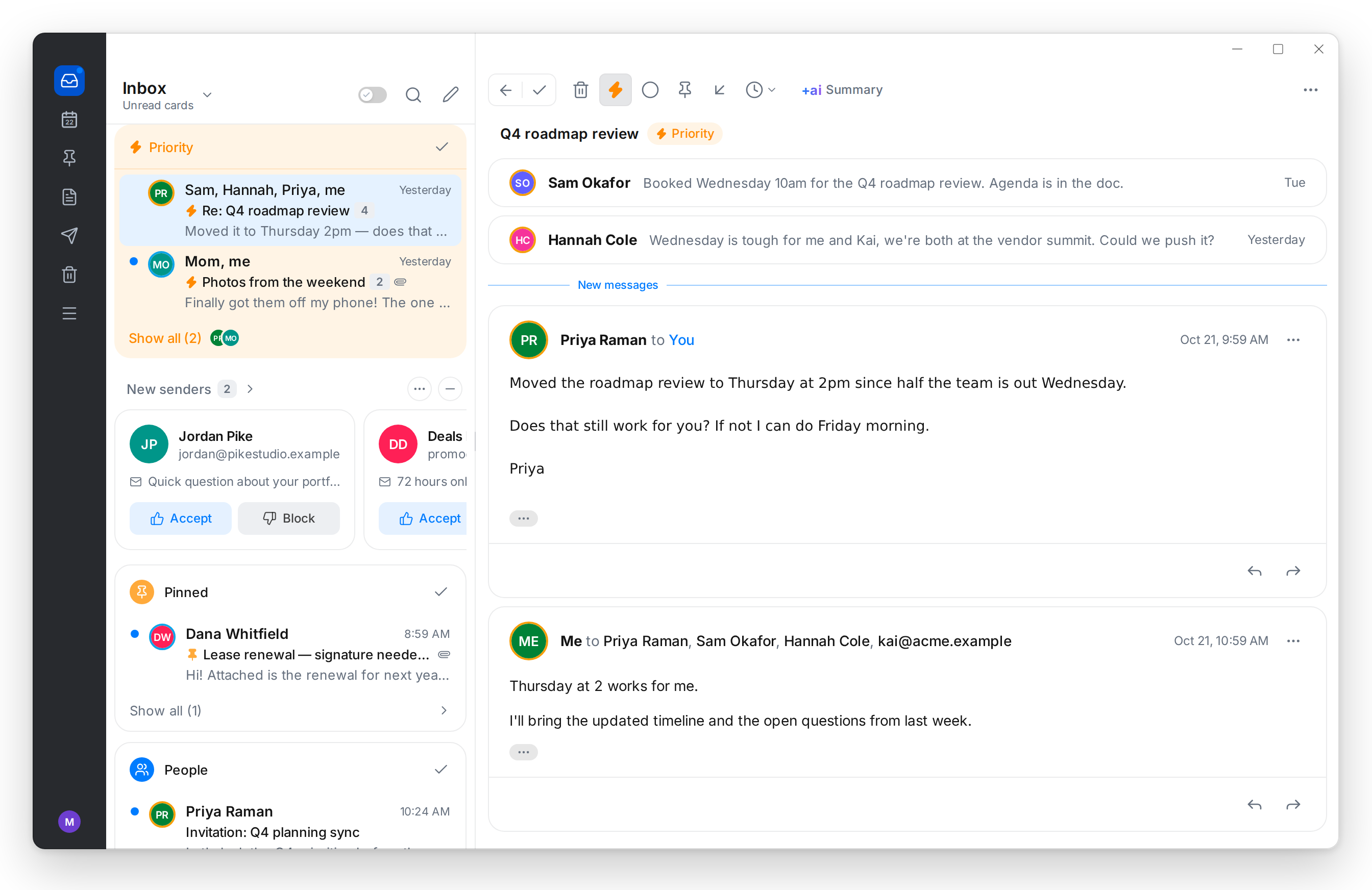 The spark-rs Smart Inbox: Priority, New senders, Pinned and People cards next to an open conversation