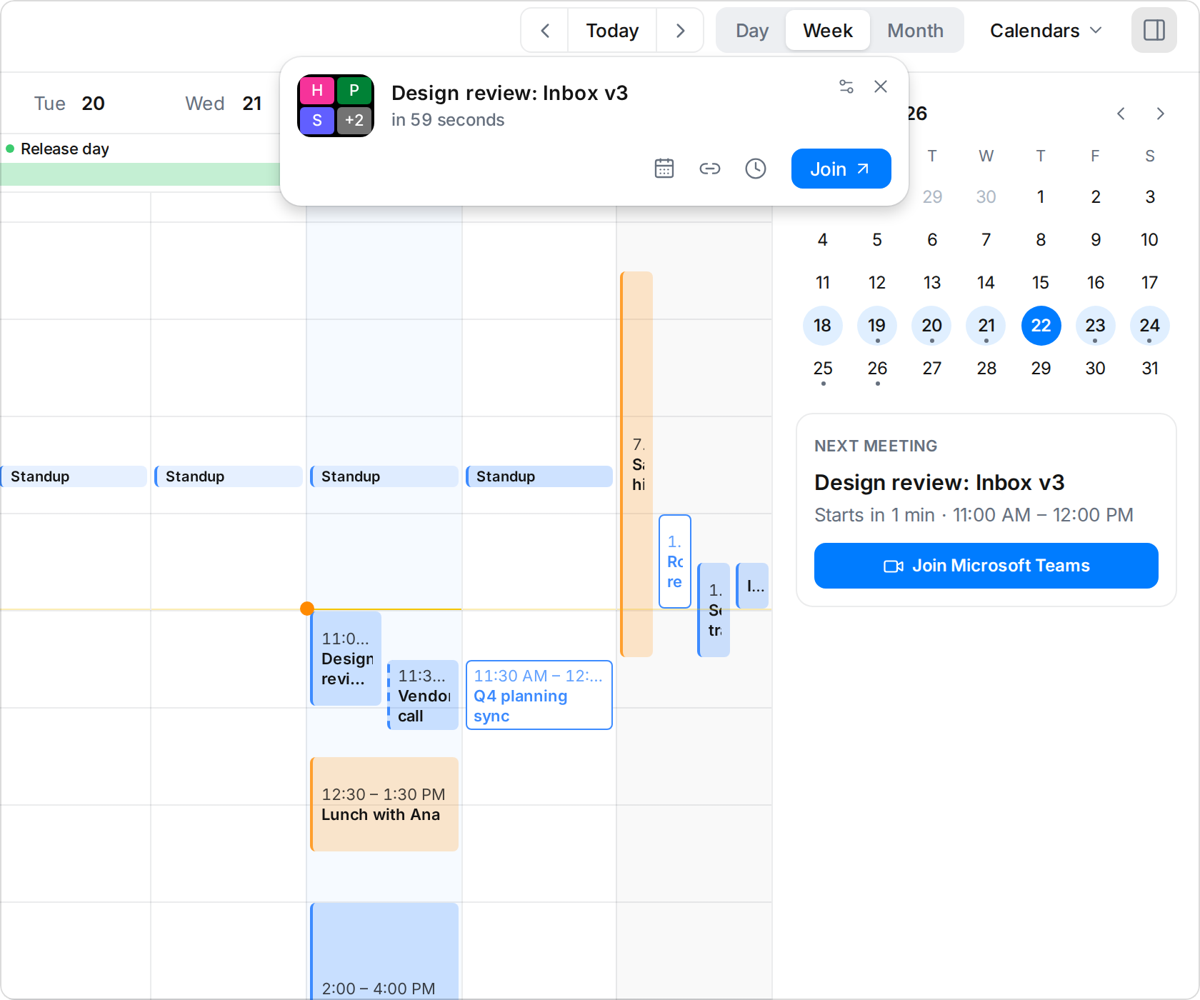 The meeting pop-up with Join, over the calendar