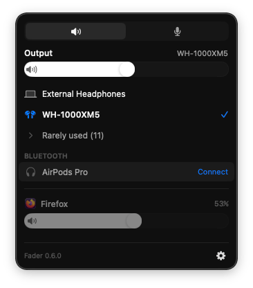 Fader popover: output devices with priority order, Bluetooth section, per-app volume fader