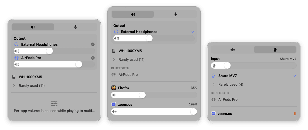 Three Fader popovers: multi-output with per-device sliders, the output tab with devices and per-app volume, and the input tab with microphone selection