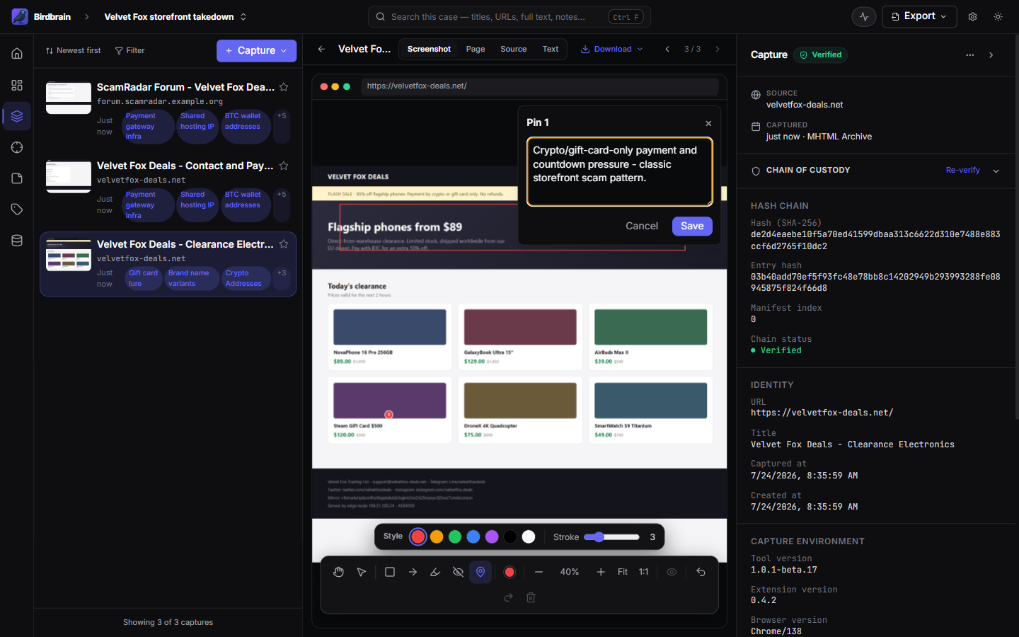 Annotating a capture screenshot