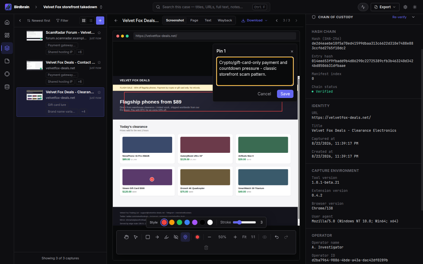 Annotating a capture screenshot