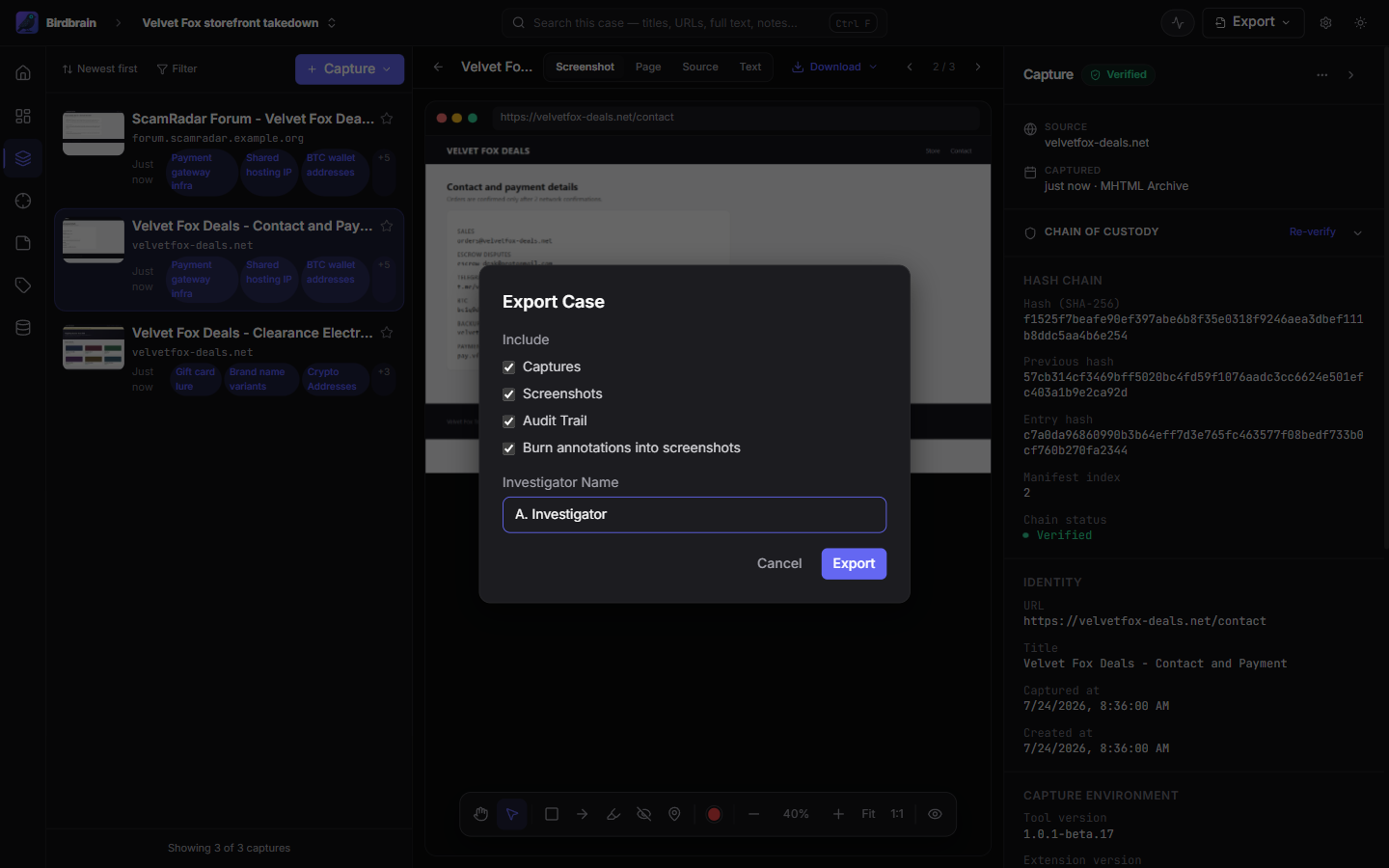 Export dialog